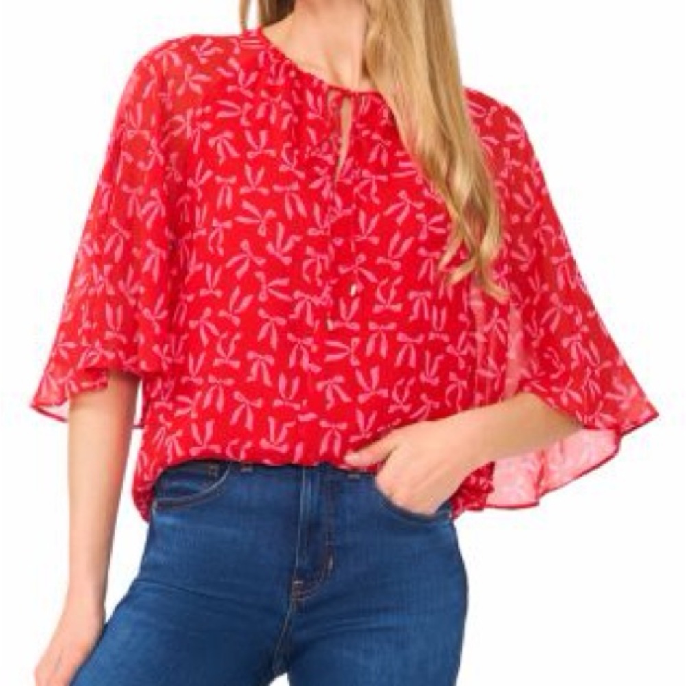 CeCe Red and Pink Bow 🎀 Print Blouse